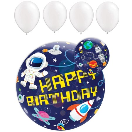 Alien, Space, Earth Theme Balloons, 22in.- BIRTHDAY OUTER SPACE, 4 Pearl White Latex Set -  LOONBALLOON, LOON-LAB-13079-Q